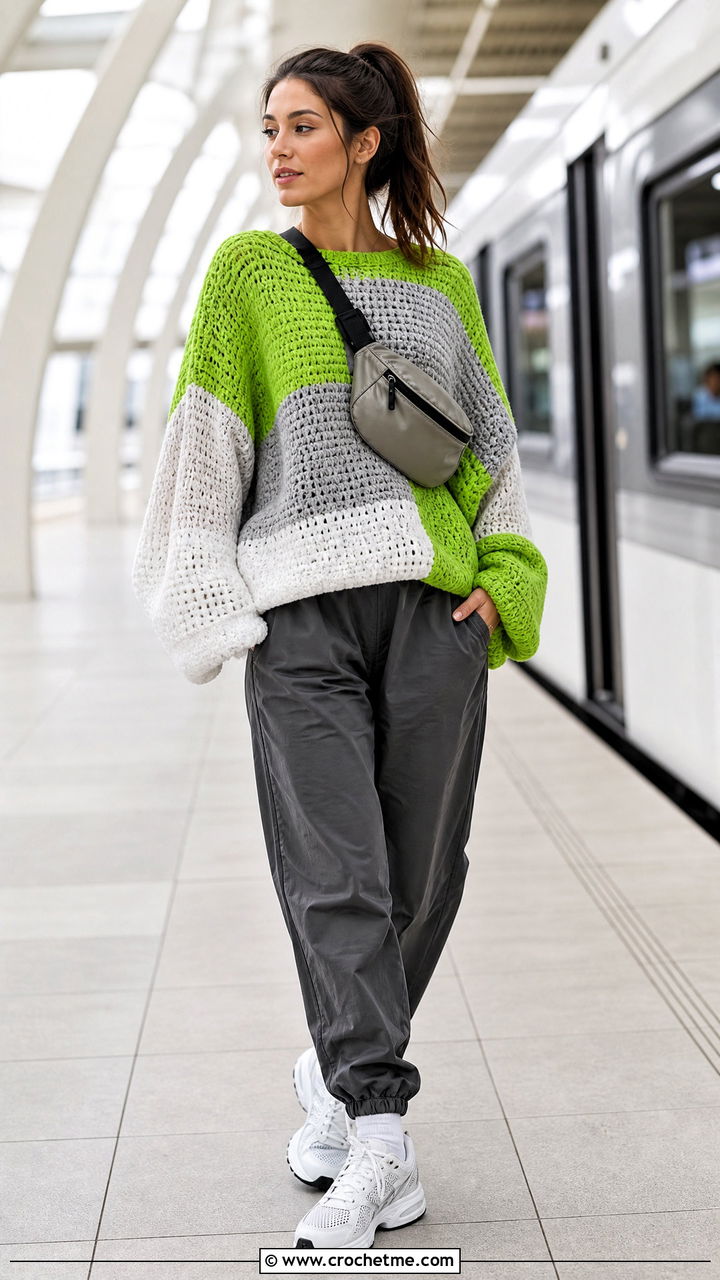Color Block Oversized Crochet Sweater With Track Pants - 35 oversized crochet sweater outfit ideas