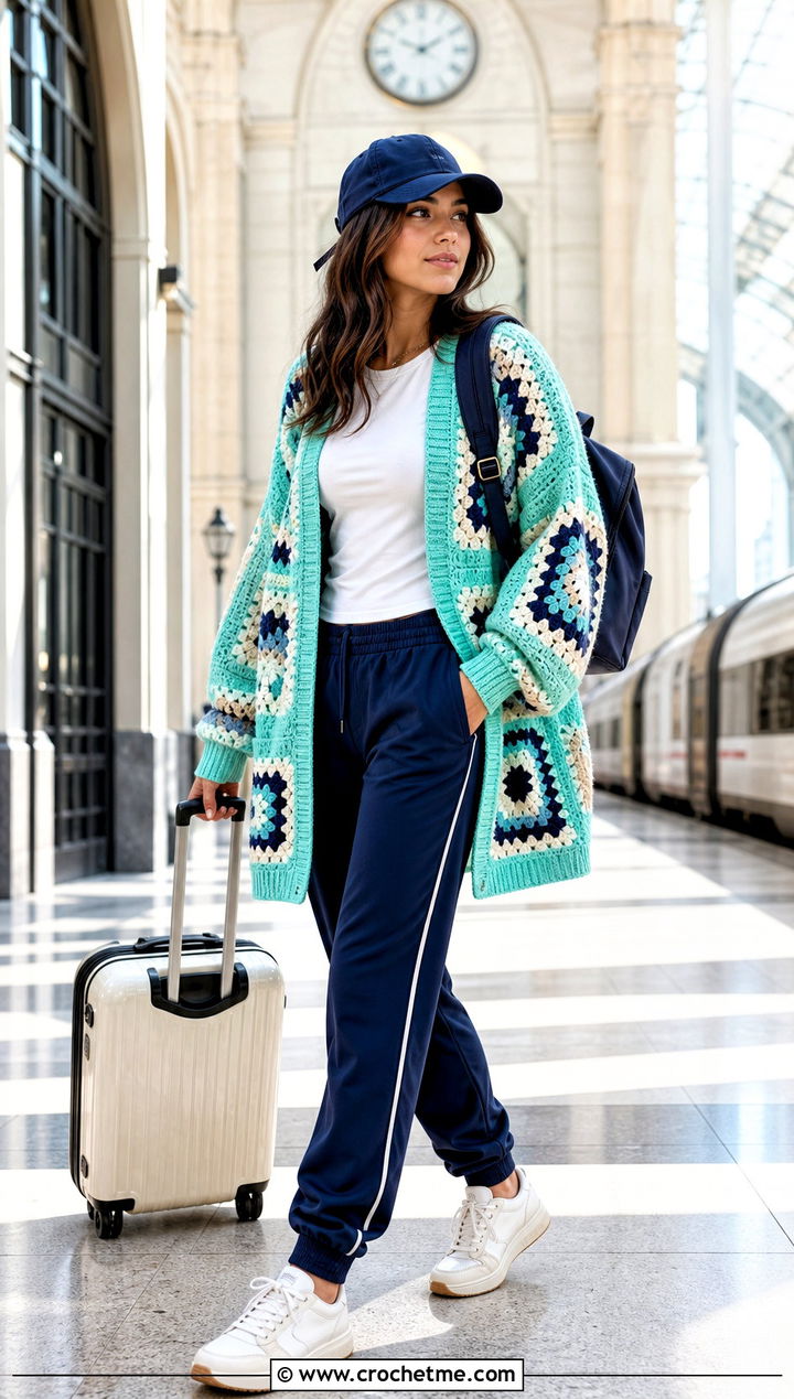 Color Block Oversized Granny Square Cardigan With Track Pants - 25 Oversized Granny Square Cardigan outfit ideas