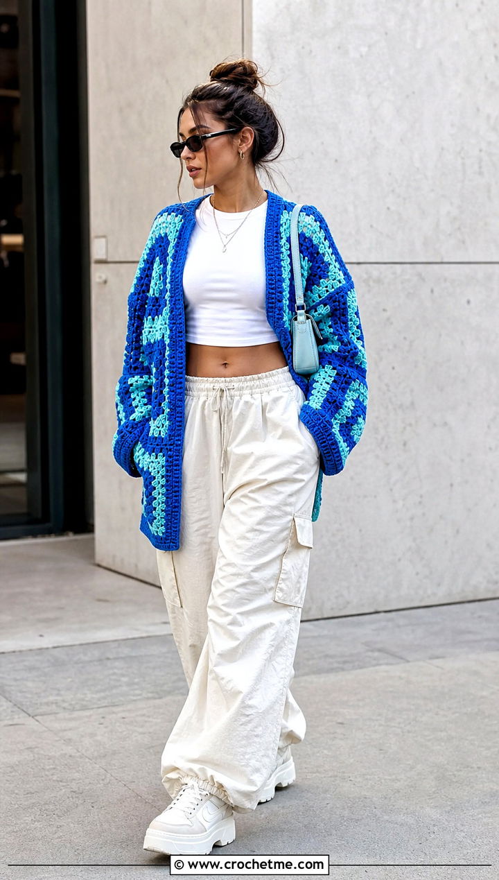 Color Block Oversized Granny Square Sweater With Parachute Pants - 30 oversized granny square sweater outfit ideas
