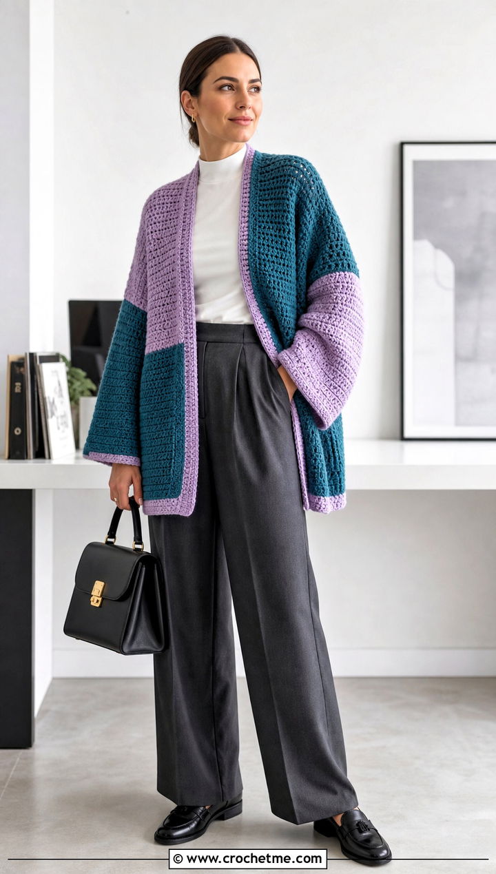 Color Block Oversized Patchwork Crochet Cardigan With Tailored Trousers - 15 oversized patchwork crochet cardigan outfit ideas