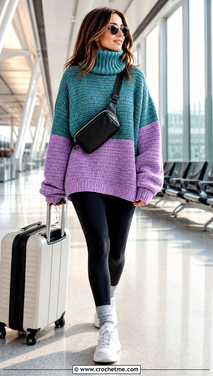 Color Block Oversized Turtleneck Crochet Sweater With Black Leggings - 15 oversized turtleneck crochet sweater outfit ideas