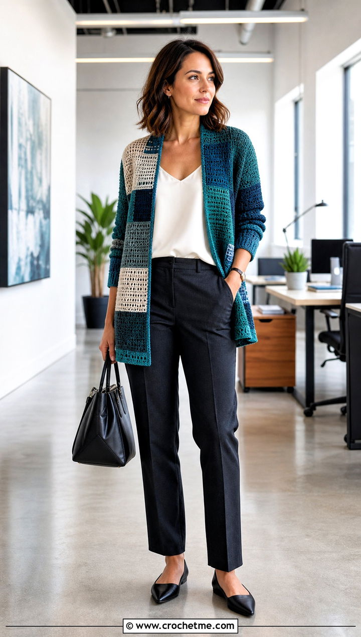 Color Block Patchwork Cardigan With Tailored Trousers - 30 crochet patch work cardigan outfit ideas