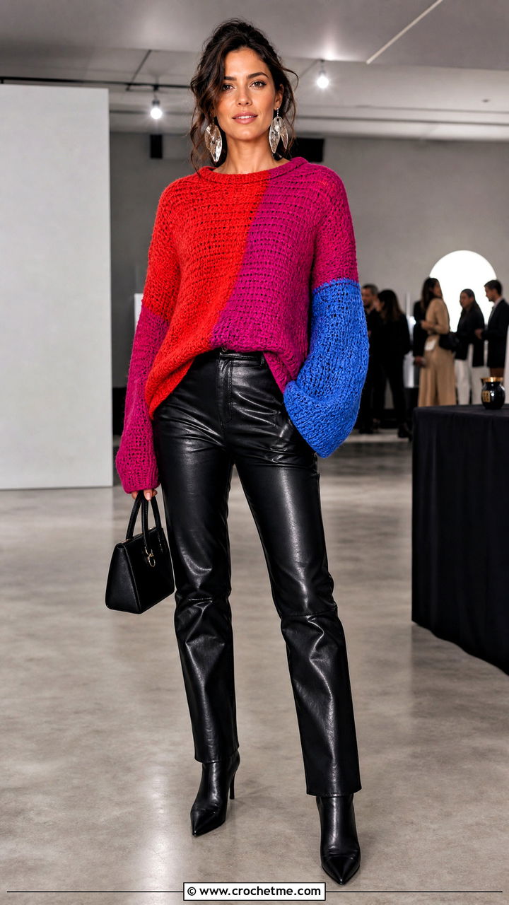 Color Block Patchwork Crochet Sweater With Leather Pants - 35 patchwork crochet sweater outfit ideas
