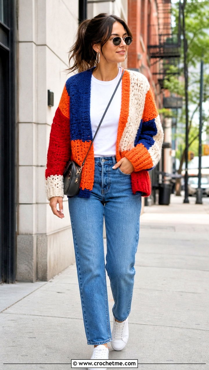 Color Block Patchwork Harry Styles Cardigan With Straight Jeans - 15 Crocheting Harry Styles Cardigan outfit ideas