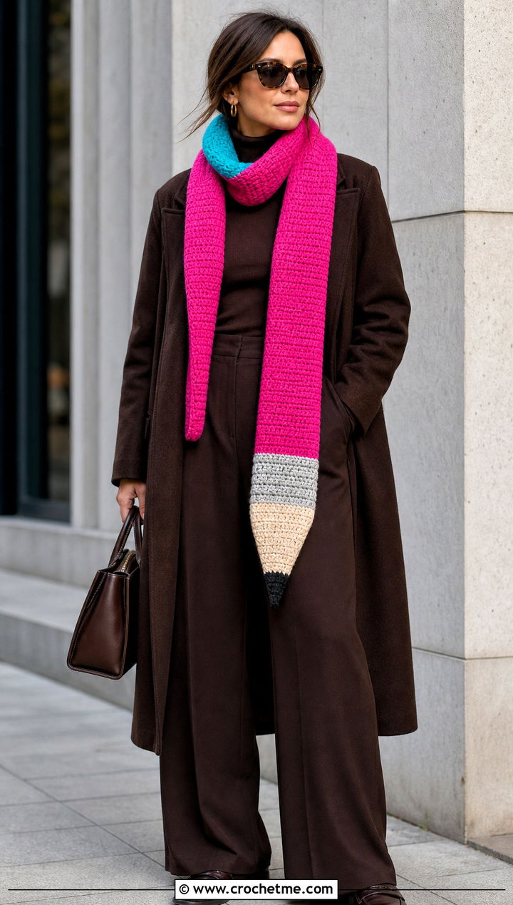 Color Block Pencil Crochet Scarf With Monochrome Outfit - 30 Pencil Crochet Scarf outfit ideas