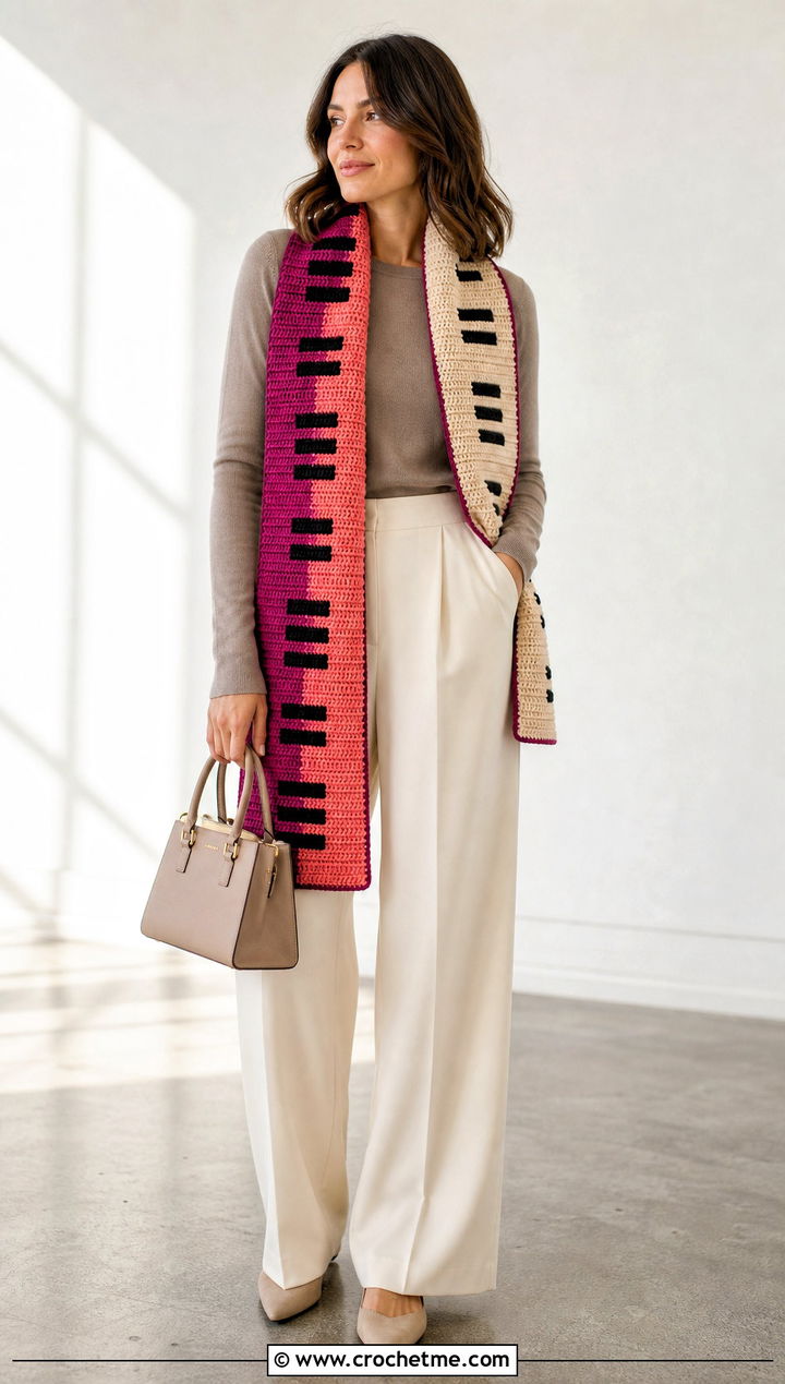 Color Block Piano Scarf With Neutral Separates - 35 crochet piano scarf outfit ideas