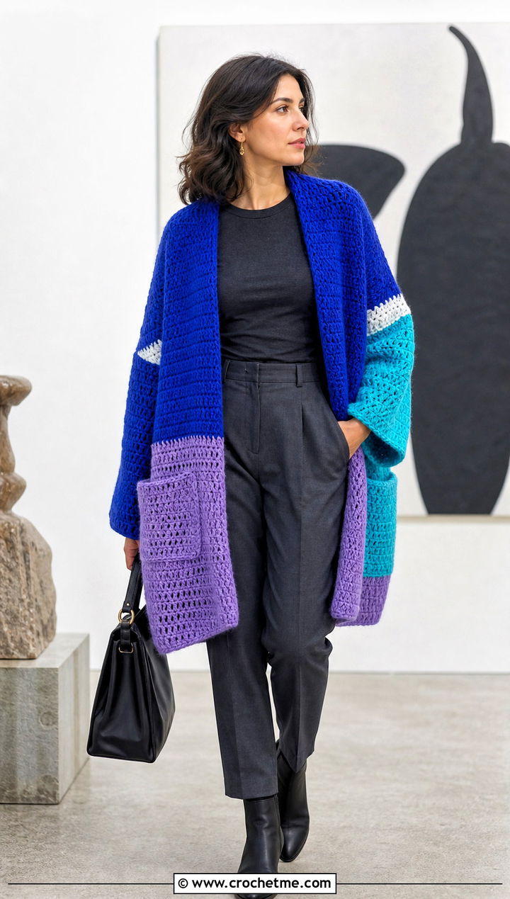 Color Block Pocket Crochet Shawl With Monochrome Basics - 15 Pocket Crochet Shawl outfit ideas