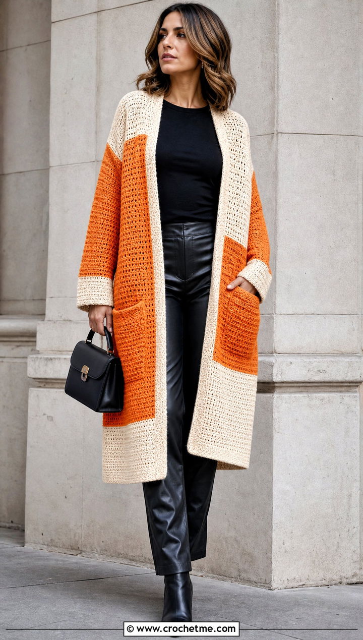 Color Block Pocket Shawl With Leather Pants - 15 Tunisian Crochet Pocket Shawl outfit ideas