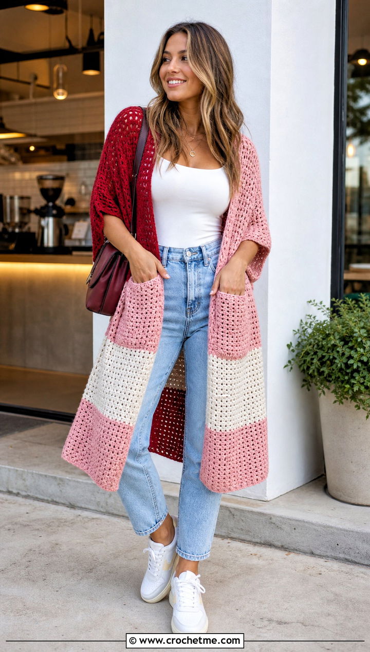 Color Block Pocket Shawl With Mom Jeans - 35 crochet wrap with pockets outfit ideas