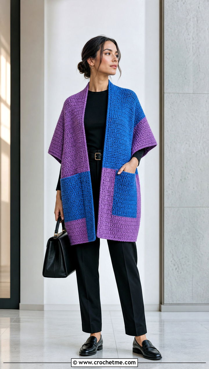 Color Block Pocket Shawl With Monochrome Outfit - 25 Crochet Pocket Scarf Shawl outfit ideas