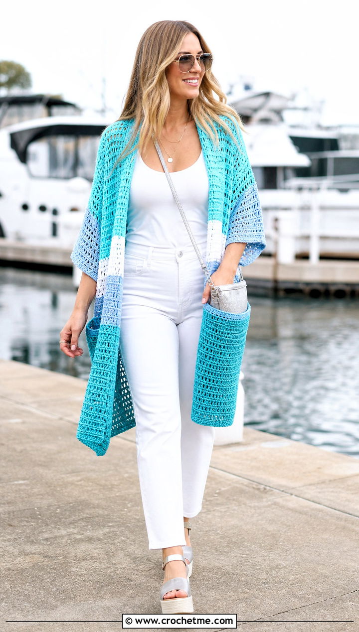 Color Block Pocket Shawl With White Jeans - 15 Crochet Shawls And Wraps With Pockets outfit ideas