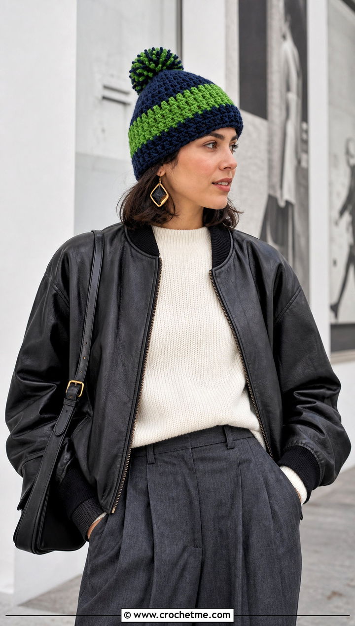 Color Block Pom Pom Crochet Hat With Leather Jacket And Trousers - 30 crochet hat with pom pom outfit ideas