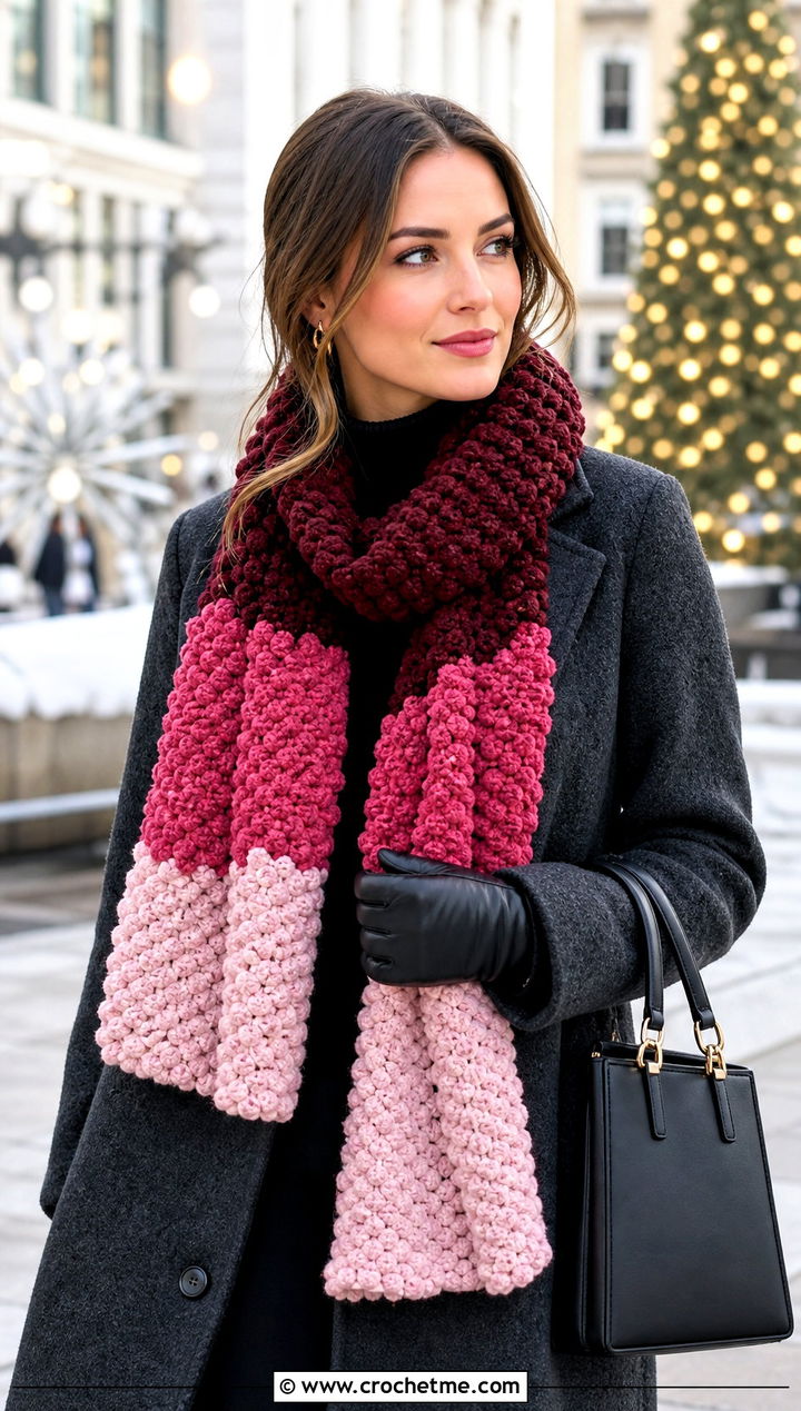 Color Block Popcorn Crochet Scarf With Wool Coat - 25 Popcorn Crochet Scarf outfit ideas