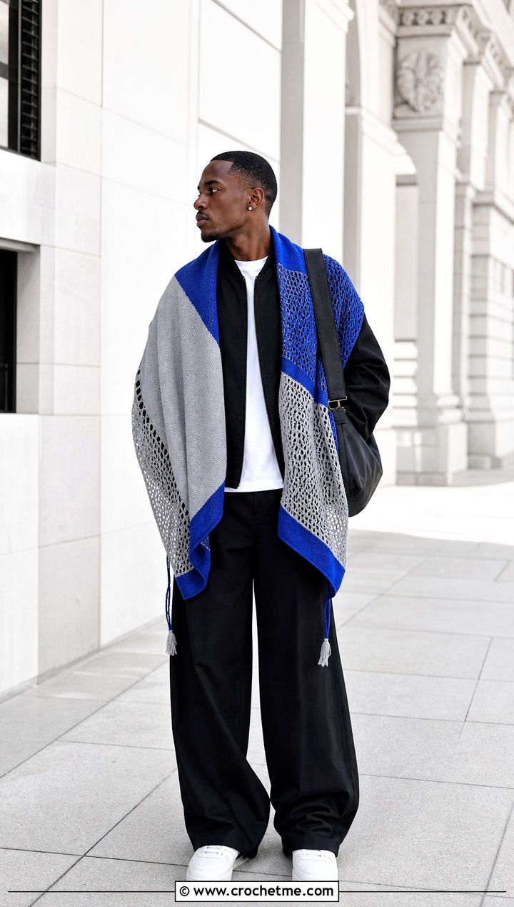 Color Block Prayer Shawl With Bomber Jacket And Wide Leg Pants - 20 Mens Crochet Prayer Shawl outfit ideas