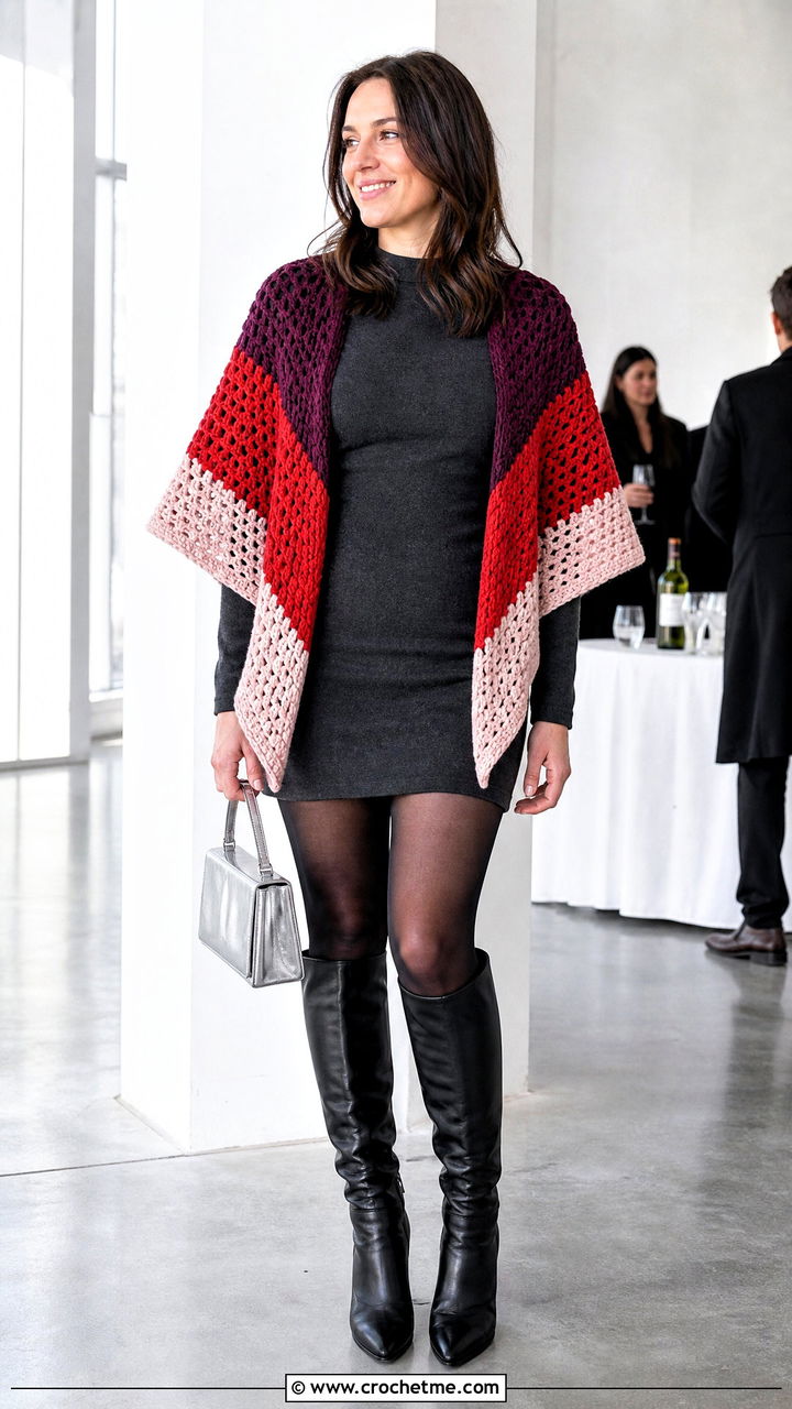 Color Block Prayer Shawl With Mini Dress - 35 crochet prayer shawl outfit ideas