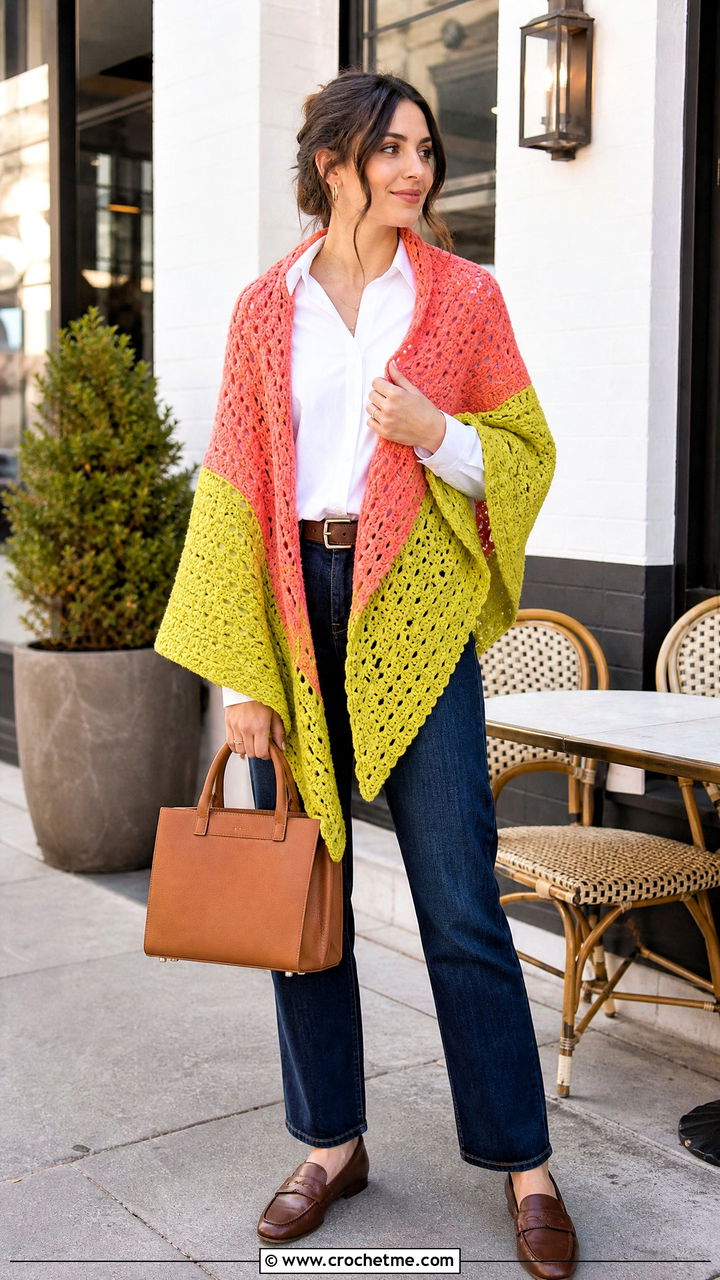 Color Block Prayer Shawl With White Shirt And Dark Jeans - 35 easy crochet prayer shawls outfit ideas