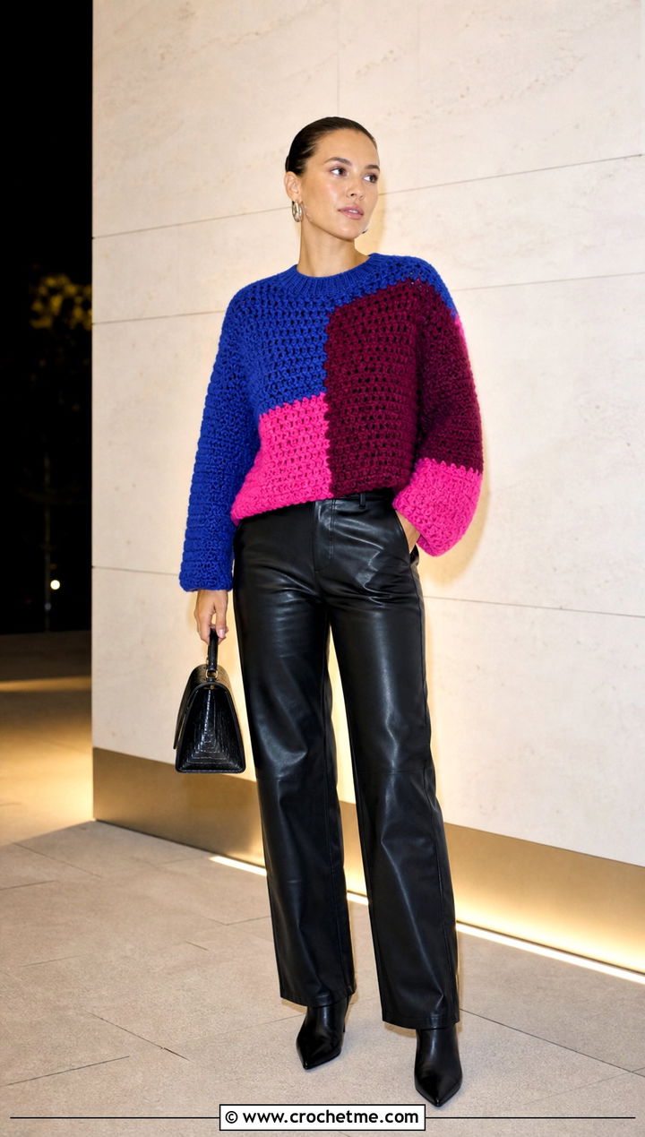 Color Block Princess Bubblegum Crochet Sweater With Leather Pants - 15 Crochet Princess Bubblegum Sweater outfit ideas