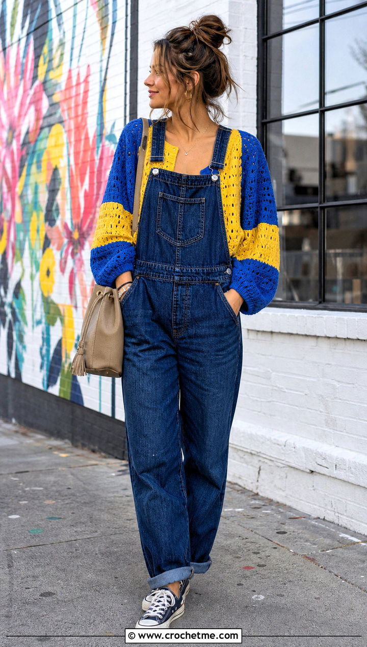 Color Block Puff Sleeve Crochet Cardigan With Denim Overalls - 25 Puff Sleeve Crochet Cardigan outfit ideas