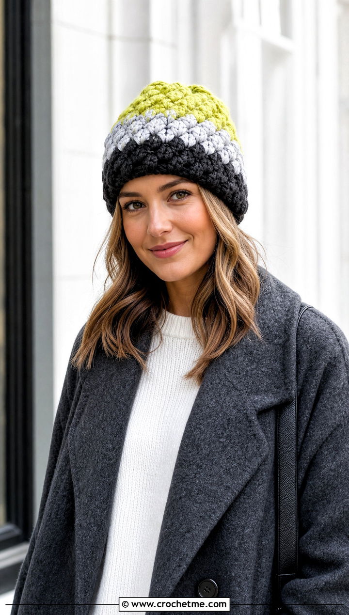 Color Block Puff Stitch Beanie With Wool Coat And Straight Jeans - 25 crochet puff stitch beanie outfit ideas