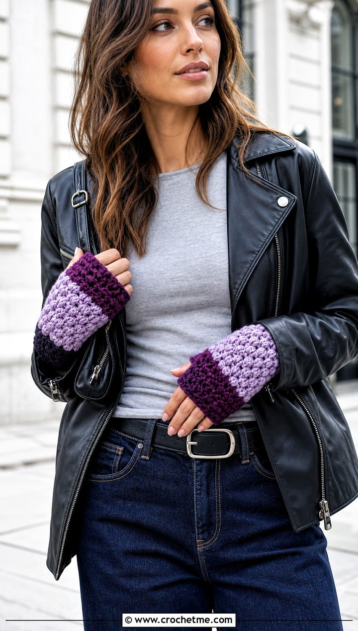 Color Block Puff Stitch Fingerless Gloves With Leather Jacket - 15 Crochet Puff Stitch Fingerless Gloves outfit ideas