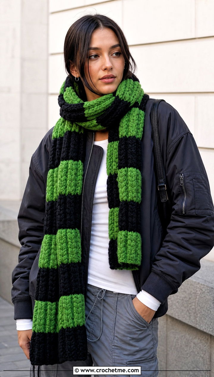 Color Block Puff Stitch Scarf With Bomber Jacket - 15 Playful Puffs Crochet Scarf outfit ideas