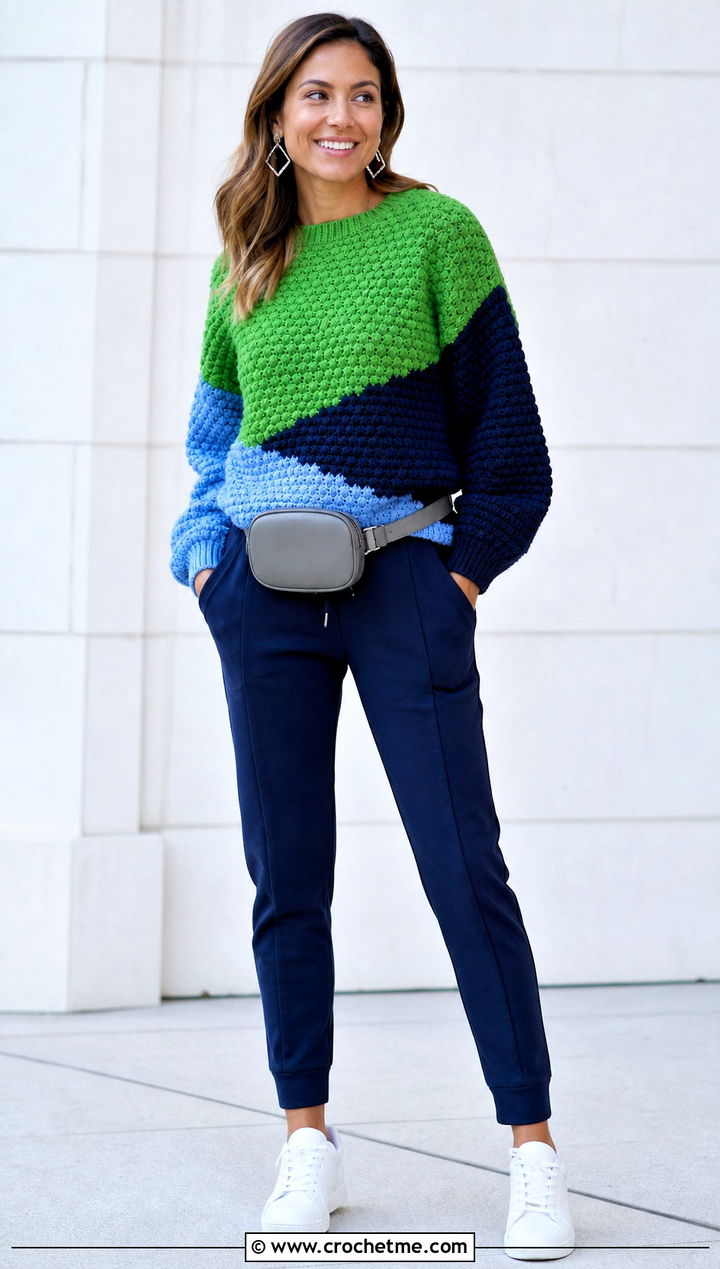 Color Block Puff Stitch Sweater With Track Pants - 20 Crochet Puff Stitch Sweater outfit ideas