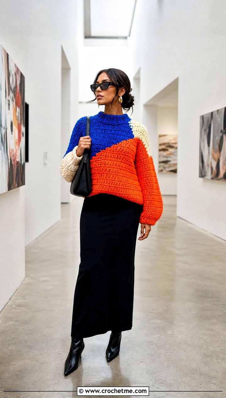 Color Block Puffy Crochet Sweater With Black Maxi Skirt - 15 Puffy Crochet Sweater outfit ideas