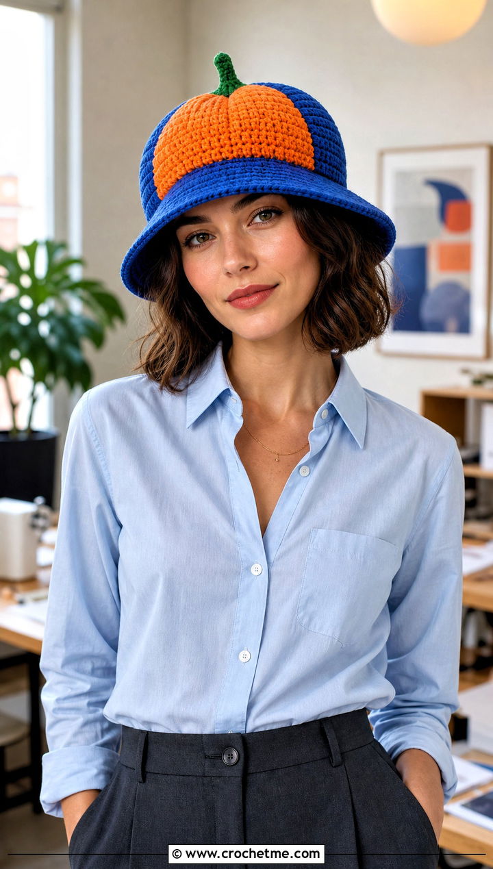 Color Block Pumpkin Bucket Hat With Tailored Trousers - 30 crochet pumpkin bucket hat outfit ideas