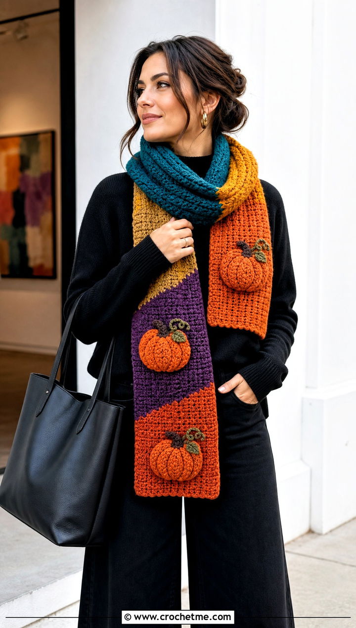 Color Block Pumpkin Scarf With Monochrome Outfit - 15 crochet pumpkin scarf outfit ideas