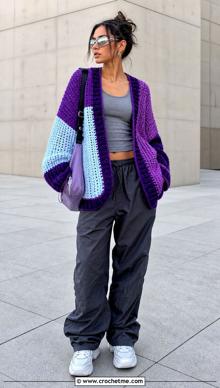 Color Block Purple Crochet Cardigan With Parachute Pants - 35 purple crochet cardigan outfit ideas