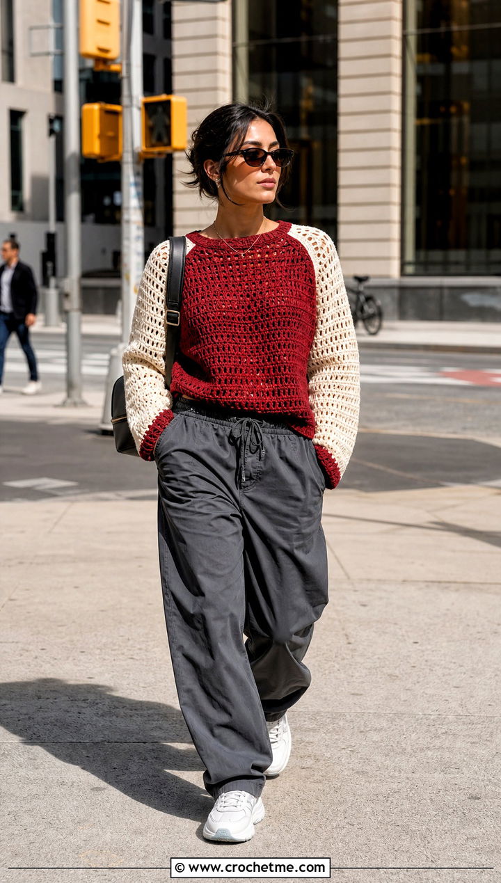 Color Block Raglan Crochet Cotton Jumper With Parachute Pants - 15 Crochet Cotton Jumper outfit ideas
