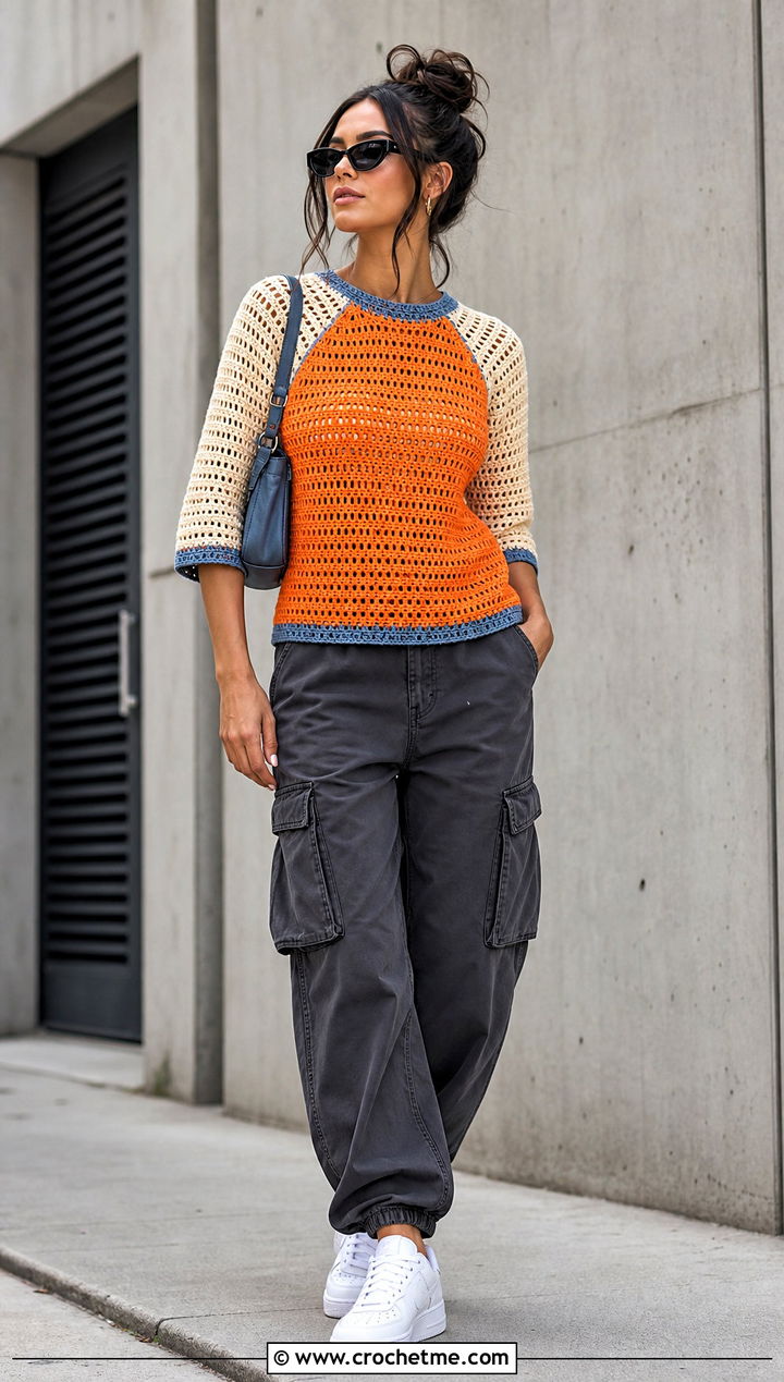 Color Block Raglan Crochet Top With Cargo Pants - 35 raglan crochet top outfit ideas
