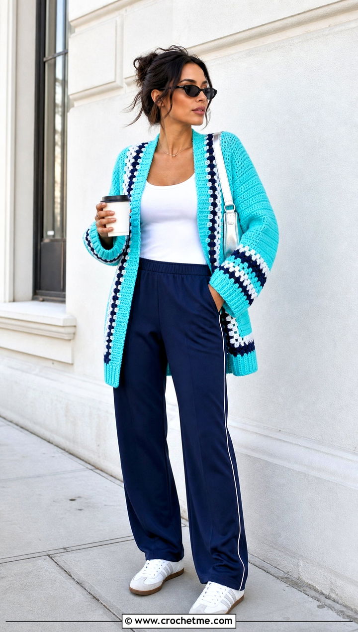 Color Block Rectangle Cardigan With Track Pants - 15 Crochet Rectangle Cardigan outfit ideas