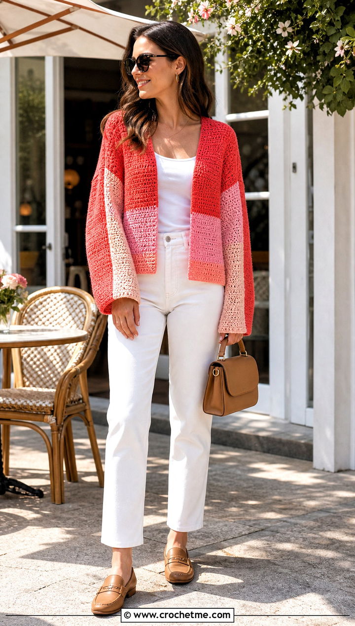 Color Block Rectangle Crochet Cardigan With White Denim - 20 Crochet Cardigan From Rectangle outfit ideas
