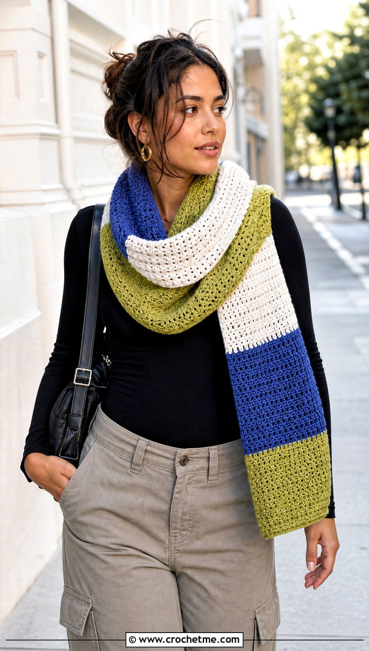 Color Block Rectangle Crochet Shawl With Cargo Pants - 20 Rectangle Crochet Shawls outfit ideas