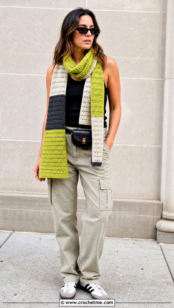 Color Block Rectangle Crochet Shawl With Cargo Pants - 25 Easy Rectangle Crochet Shawl outfit ideas