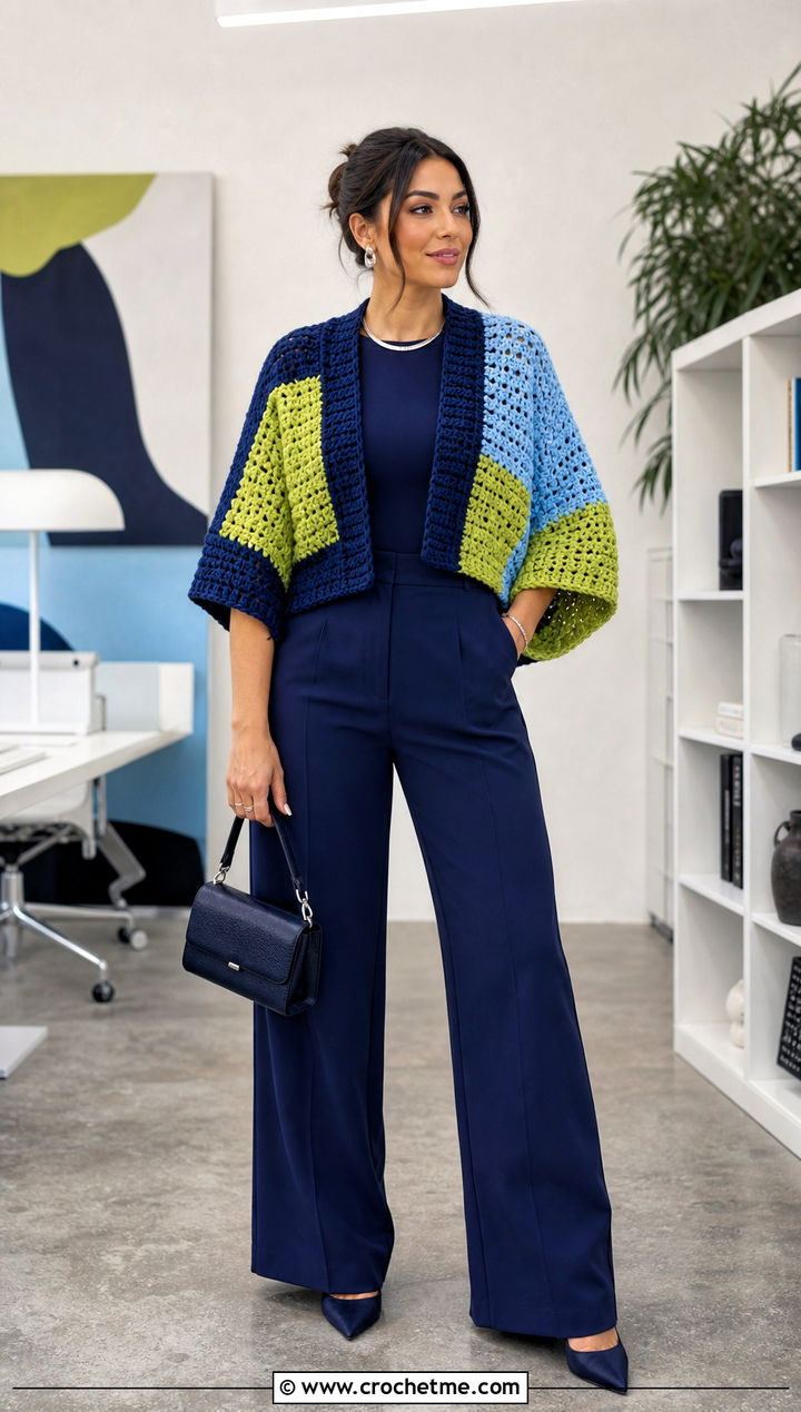 Color Block Rectangle Crochet Shrug With Monochrome Basics - 20 Rectangle Crochet Shrug outfit ideas