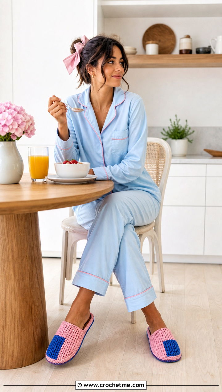 Color Block Rectangle Crochet Slippers With Neutral Pajama Set - 15 rectangle crochet slipper outfit ideas