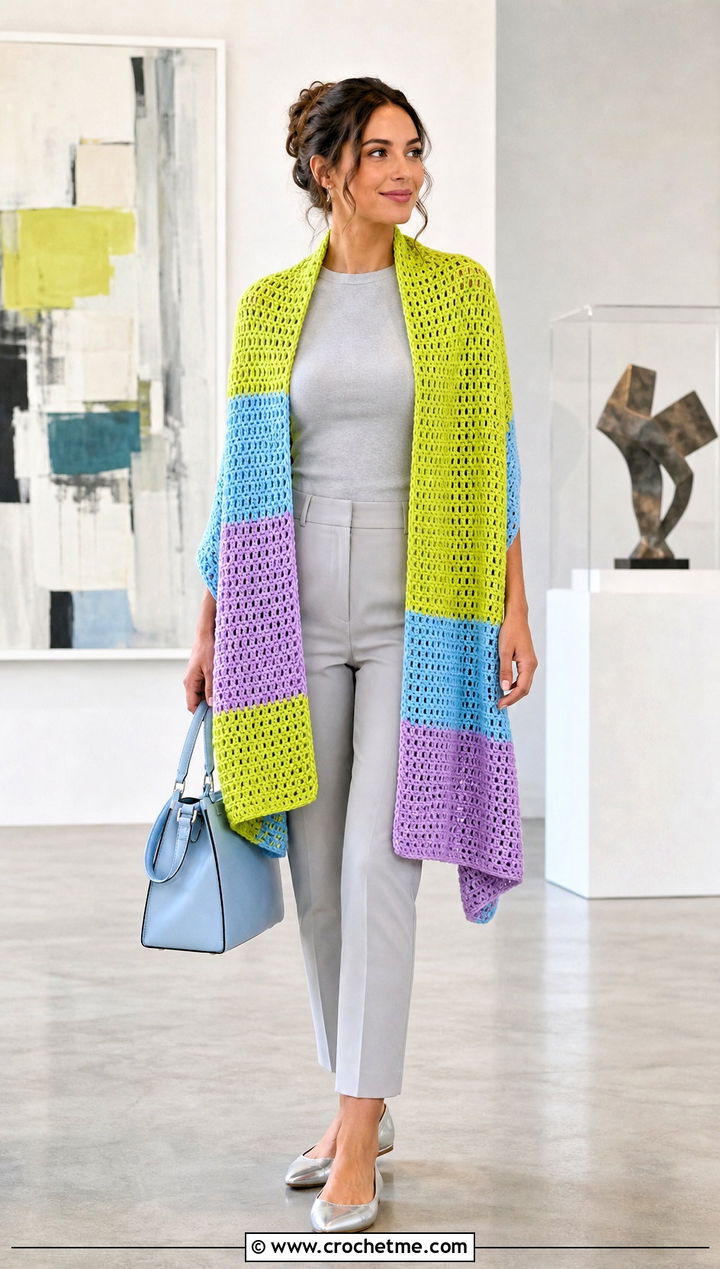Color Block Rectangle Crochet Wrap With Monochrome Outfit - 20 Rectangle Crochet Wrap outfit ideas