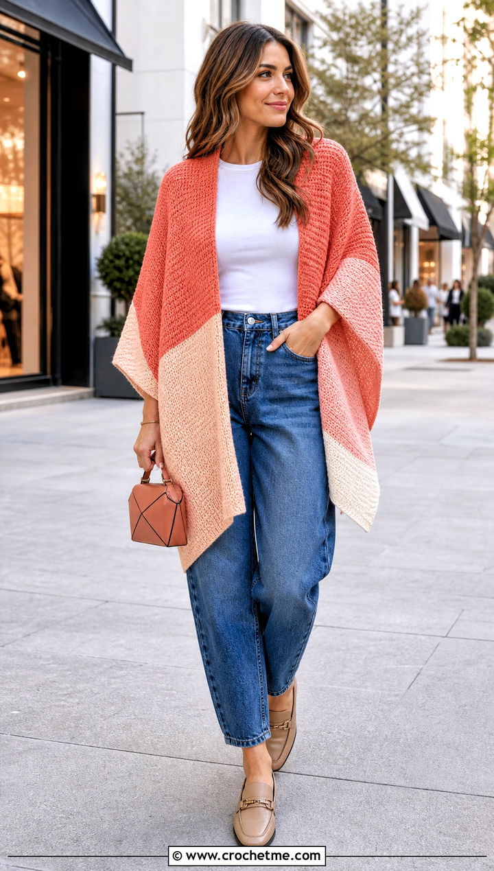 Color Block Rectangle Poncho With Barrel Jeans - 30 crochet rectangle poncho outfit ideas