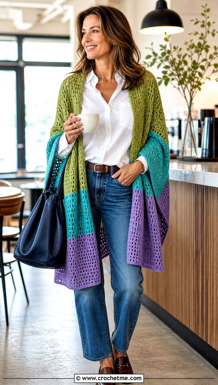 Color Block Rectangle Shawl With White Shirt And Jeans - 25 Easy Crochet Rectangle Shawl outfit ideas