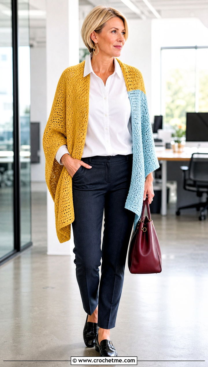 Color Block Rectangle Shawl With White Shirt - 30 boho crochet shawl outfit ideas