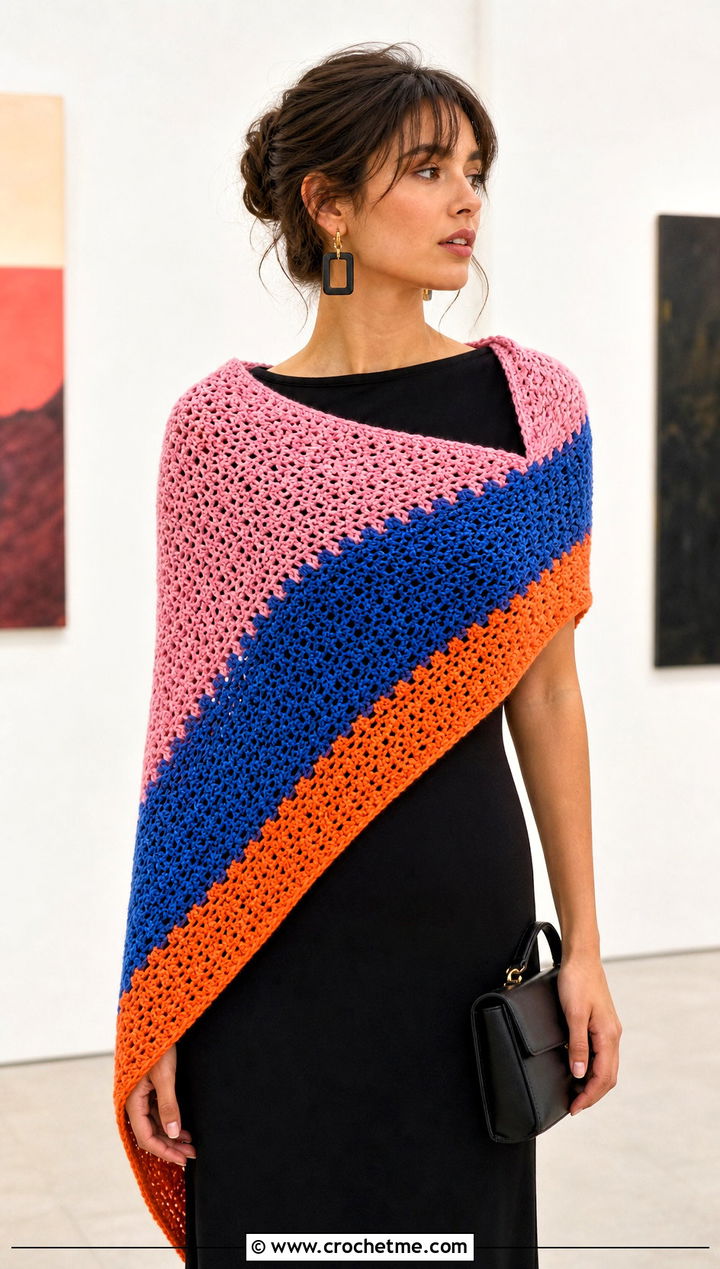 Color Block Rectangular Crochet Shawl With Black Column Dress - 30 rectangular crochet shawls outfit ideas