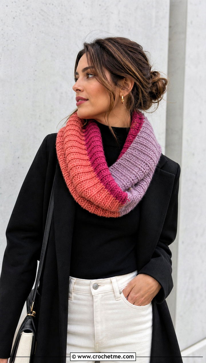 Color Block Ribbed Cowl With Minimalist Outfit - 20 Crochet Ribbed Cowl outfit ideas