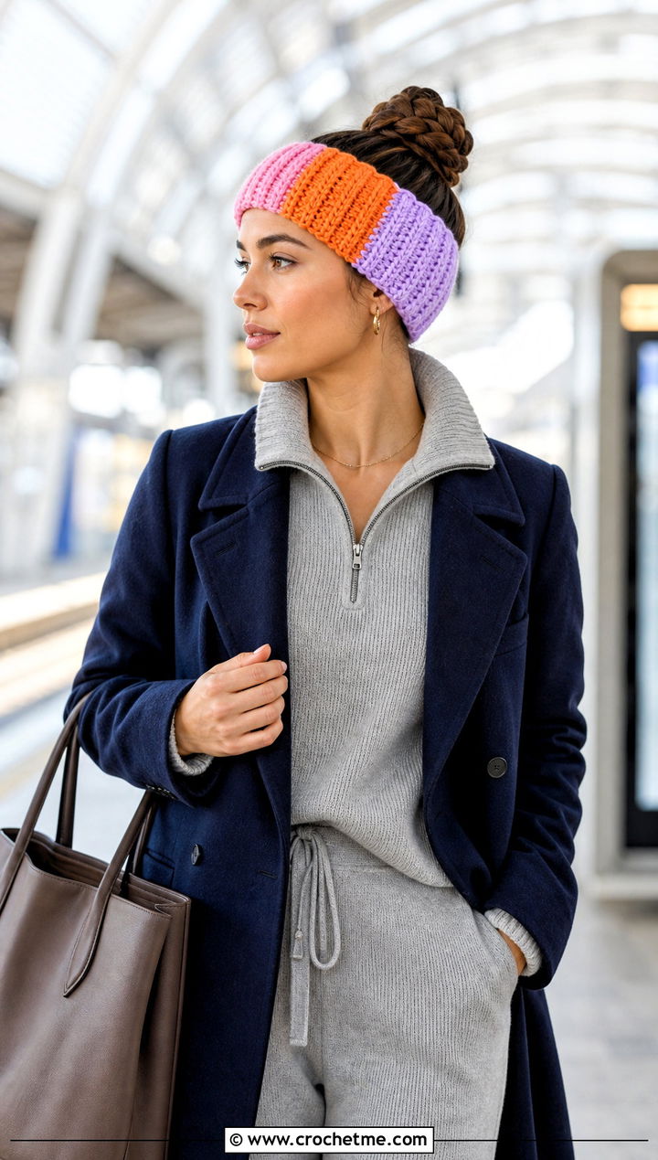 Color Block Ribbed Crochet Headband With Knit Lounge Set - 15 Cozy Ribbed Crochet Headband outfit ideas