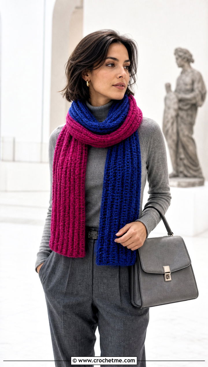 Color Block Ribbed Crochet Scarf With Monochrome Outfit - 20 Ribbed Crochet Scarf outfit ideas