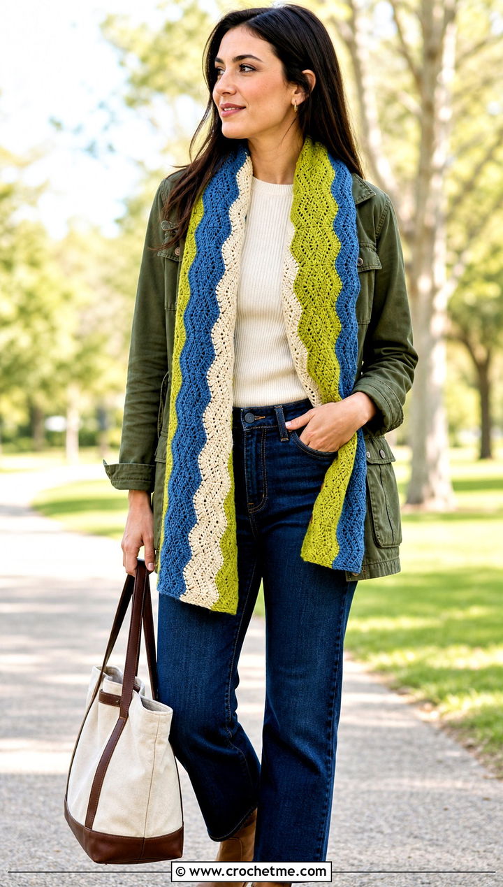 Color Block Ripple Stitch Crochet Scarf With Utility Jacket - 15 ripple stitch crochet scarf outfit ideas