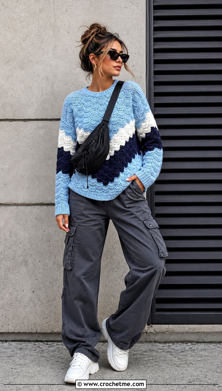 Color Block Ripple Stitch Sweater With Cargo Pants - 25 Crochet Ripple Stitch Sweater outfit ideas