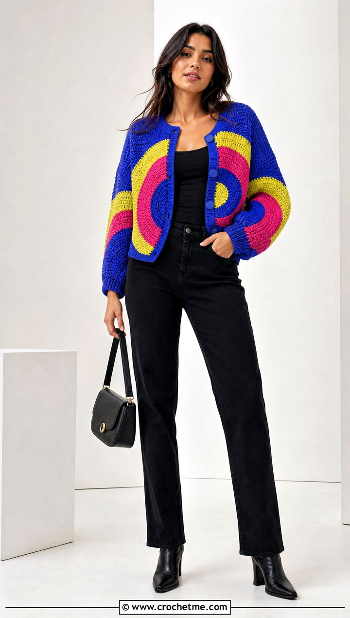 Color Block Round Crochet Cardigan With Black Denim - 35 round crochet cardigan outfit ideas