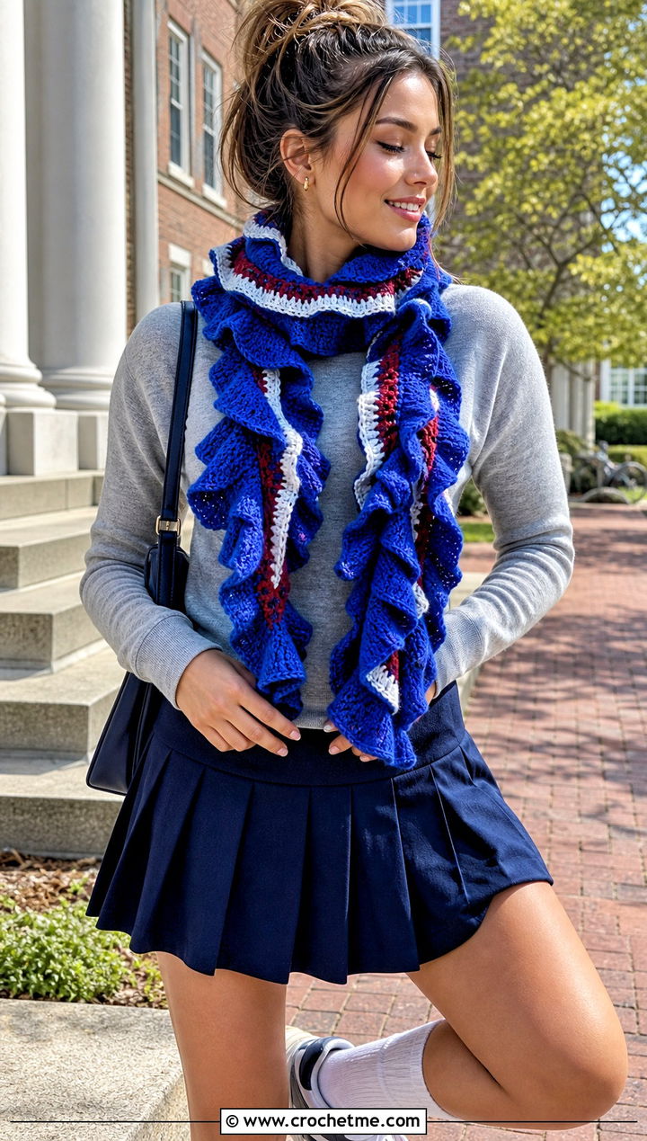 Color Block Ruffle Scarf With Sweatshirt And Tennis Skirt - 30 crochet ruffle scarf outfit ideas